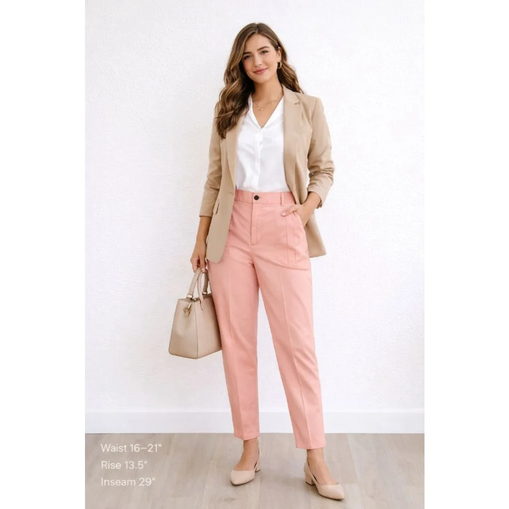 Women's Pink High Rise Trousers | Elastic Back Waist | Cotton Stretch - Picture 2 of 11